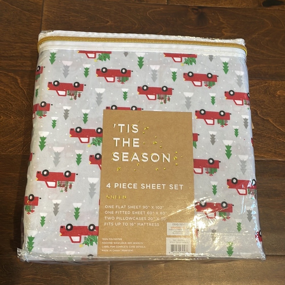 New Tis the Season 3 Piece Queen Christmas Tree Holiday Red Truck  Bed Sheet Set